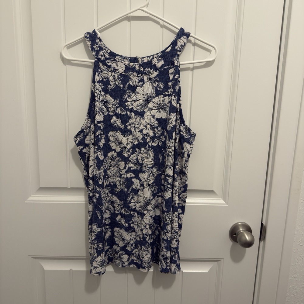 Fortune+Ivy Women's Blue White Floral Halter Top Size Large‎
